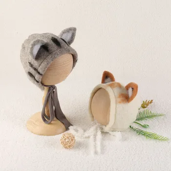 Шерстяная фетровая шляпа с котенком ручной работы, 3D ушки, кошачий капор, реквизит для фотосъемки новорожденных, шапка с цветочным оленем, шапка с кроликом для мальчиков и девочек