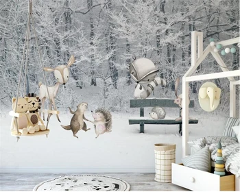 пользовательские 3D обои наклейка на стену Детская комната зимняя снежная сцена мультфильм животный мир фон стены 3D обои