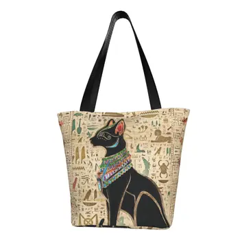 Милая древнеегипетская кошка Бастет Сумки для покупок с иероглифами для переработки бакалеи Холщовая сумка для покупок через плечо
