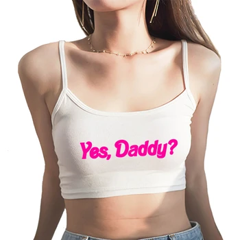 Летний женский укороченный топ с принтом розовых букв YES DADDY, Сексуальные эластичные хлопковые майки, короткая майка без рукавов, топы-бары для женщин