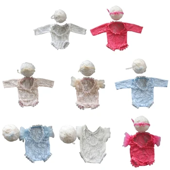 Реквизит для фотосъемки новорожденных, повязка на голову с бантом, кружевной комбинезон, детский фотокостюм