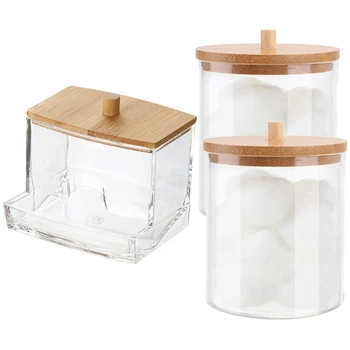 Коробка для хранения ватных тампонов с бамбуковой крышкой, Контейнер для ванной Комнаты, Дозатор ватных шариков / Тампонов, Коробка для хранения банок