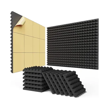24ШТ Самоклеящихся звукоизоляционных пенопластовых панелей 2x12x12 дюймов, акустические панели быстрого расширения, звуконепроницаемые стеновые панели пирамидальной конструкции