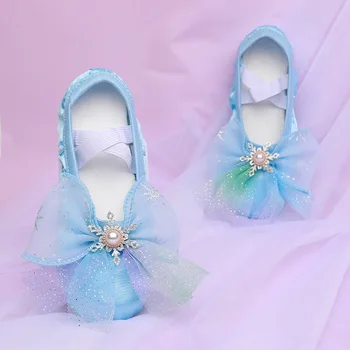Балетные туфли с бантом, разноцветные сетчатые балетки для девочек, для танцев, разноцветные танцевальные туфли, женские балетки, синие, розовые, детские
