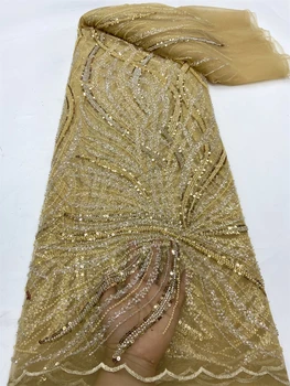 Африканская Золотая Вышитая Бисером Сетка С Блестками 5 Ярдов Кружевной Ткани С Вышивкой Тюлевое Свадебное Платье Для Женщин Ткани От Швейных Метров JY278