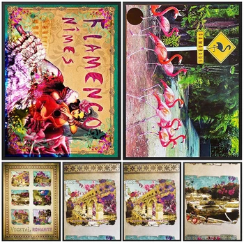 Испанские женщины Пейзажи Фламинго Тропические растения Плакат Настенное искусство Холст Живопись Домашний декор Настенные картины для гостиной без рамок