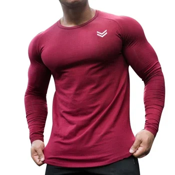 Осенняя хлопковая футболка с длинным рукавом для мужчин, спортивная облегающая рубашка, футболки для занятий фитнесом в тренажерном зале, мужская одежда для бодибилдинга