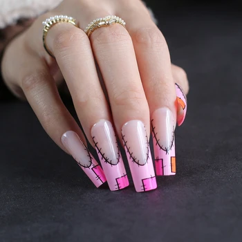 Накладные ногти телесного цвета с прозрачной вставкой розового цвета, удлиненные прямоугольные французские накладные ногти, которые можно использовать повторно, утолщаются