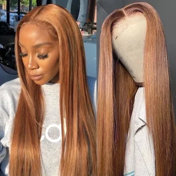 Рыжевато-русые кружевные парики для чернокожих женщин, прямые синтетические светло-коричневые кружевные парики, Т-образная часть, предварительно выщипанная из детских волос, Бесклеевые парики