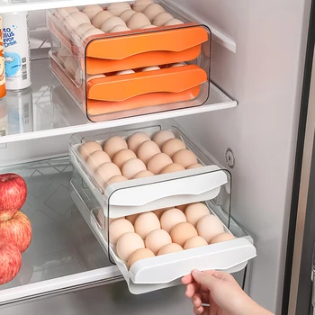Ящик для хранения яиц в холодильнике, 2-Слойный Выдвижной ящик, Штабелируемые ящики для хранения, Прозрачный Пластиковый держатель для яиц