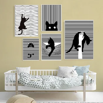 Современные Абстрактные Черно-белые Полосатые Кошки Печать плакатов на холсте в Скандинавском стиле, уникальный декор, настенные рисунки с животными для комнаты, дома, гостиной