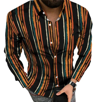 Мужская повседневная свободная рубашка в полоску с длинным рукавом, рубашка на пуговицах, футболка для вечеринки, воротник-стойка, Модные праздничные рубашки