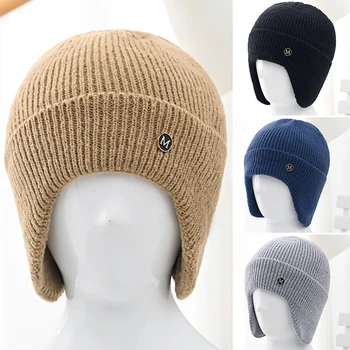 Повседневная вязаная шапочка крючком, однотонная шерстяная шапка с флисовой подкладкой, уличная защита ушей, лыжные шапки, зимняя теплая утепленная ушанка