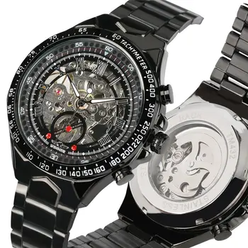 Мужские автоматические механические часы WINNER, черный циферблат с римскими цифрами в виде скелета, подарки