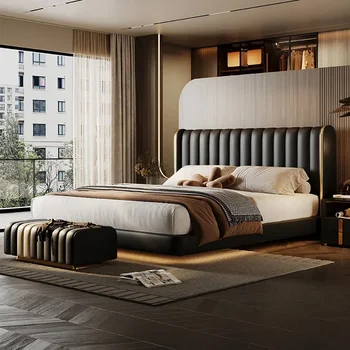 Подвесная кровать, кожа, светлая роскошная главная спальня, супружеская кровать, современная простая двуспальная кровать, новая мягкая кровать с клавишами для фортепиано 2023 года выпуска