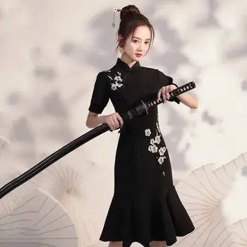 Cheongsam с рыбьим хвостом Для молодой девушки 2023, Новое Черное Короткое платье модифицированной версии Qipao Chi-pao, Летняя Повседневная женская одежда