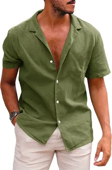 2023 Мужская льняная блузка с коротким рукавом и мешковатыми пуговицами, летние Однотонные Удобные Повседневные Свободные праздничные рубашки из чистого льна, футболки-топы