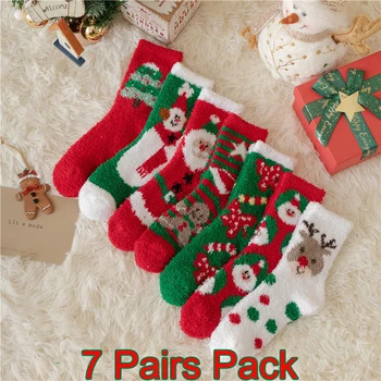 7 Пар Женских Рождественских носков, Новогодний подарок, Пушистые носки, Санта-Клаус, Лось, Снеговик, Зимние Пушистые носки для теплого пола, Носки для сна