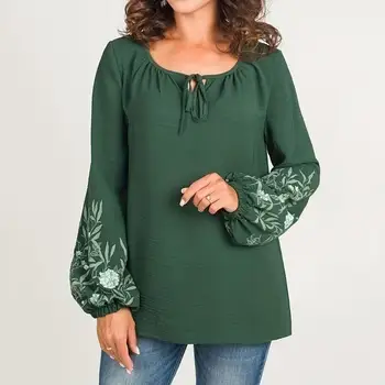 Женский пуловер с круглым вырезом, открытая футболка на шнуровке, принт, длинный рукав, Свободные плиссированные топы, уличная одежда