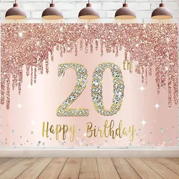 С Днем Рождения, Баннер, Декорация из розового золота, Знак 20 лет, Принадлежности для вечеринок, Розовый фон для плаката, Реквизит для фотобудки.