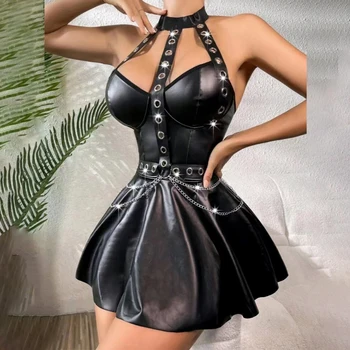 Сексуальное женское короткое платье с открытой спиной, мокрое панк-платье из искусственной кожи, ночная вечеринка, клубная одежда, чувственный косплей, секс-пижамы