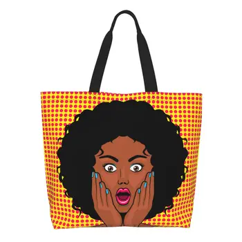 Сексуальная удивленная африканская женщина, холщовая сумка для покупок в стиле поп-арт, женская сумка для переработки продуктов большой емкости, сумки для покупок Pretty Lady