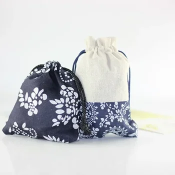 Модный новый льняной карман с синим букетом, изысканная подарочная сумка для ювелирных изделий, упаковка для украшений из нескольких веревочных мешков для салата