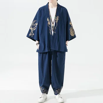 Мужской комплект японского кимоно Модная уличная одежда Harajuku с вышивкой шелкового дракона Повседневная верхняя форма с капюшоном Льняная одежда