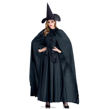 Готический костюм Ведьмы на Хэллоуин, Длинное платье-халат, Черное платье для косплея, Винтажный плащ, Необычный наряд