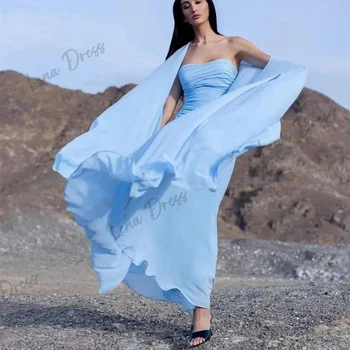 Lena-Светло-голубое вечернее платье без бретелек для женщин, длинное шифоновое плиссированное бальное платье по щиколотку