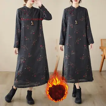 2024 китайское винтажное платье ципао с традиционным цветочным принтом, платье ципао на флисовой подкладке, хлопковое льняное восточное народное платье чонсам