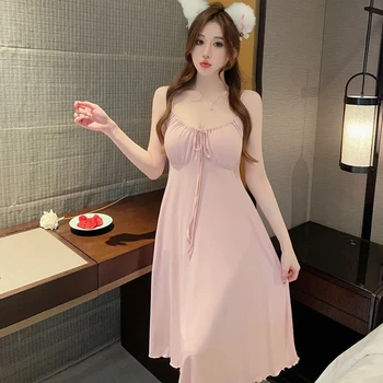 Летнее женское платье принцессы, Розовые пижамы без рукавов, Винтажные Женские ночные рубашки для девочек, пижамы в королевском стиле, пижамы для сна