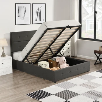 Мягкая кровать на платформе с местом для хранения под кроватью полного размера или размера 