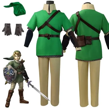 Zelda: Косплей Skyward Sword Link Косплей костюм Зеленая Униформа Брюки Шляпа Перчатки Плащ Мужская Женская одежда Наряды Костюм на Хэллоуин