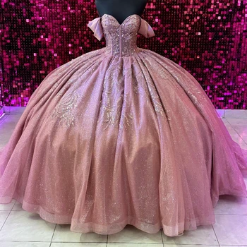 Роскошные Розовые Блестящие Платья Quinceanera 2024 Бусины Crystal Tull Sweethear Princess Sweet 15-16 Лет Платье Для Вечеринки В честь Дня Рождения Подарок