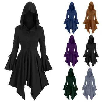 Тема Хэллоуина, косплей, пальто-накидка, средневековое вечернее платье, винтажный плащ с капюшоном на шнуровке, халат, длинное платье ведьмы на Хэллоуин