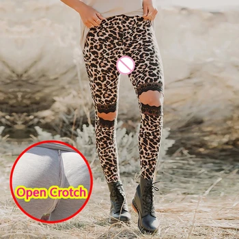 Сексуальные леггинсы с открытой промежностью, Леопардовый узор, высокие спортивные штаны без промежности, Потайная молния, модный декор, клубная одежда, брюки