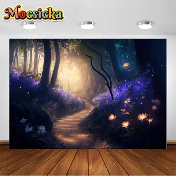 Фотографические фоны Mocsicka Ночной фэнтезийный лес Сказочный лес с волшебными светящимися цветами Фоны Реквизит для фотосессий