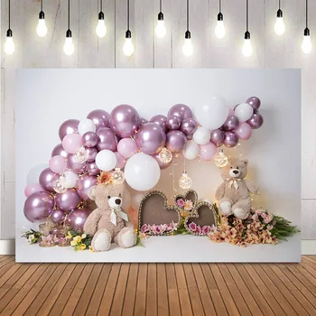 Фон с фиолетовыми воздушными шарами и сердечками для фотосъемки, Розовый бант с мишками, фон для фотосессии с сердечками любви, баннер для фотосессии