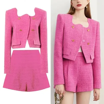 Новый модный осенне-зимний комплект из розово-красного твида, 2 предметов, женская куртка с круглым вырезом и золотыми пуговицами, пальто + шерстяные шорты с высокой талией, костюмы