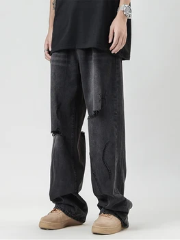 Рваные мужские брюки YIHANKE в американском ретро стиле, свободный стиль, широкие штанины, Джинсы, Мужская джинсовая уличная одежда
