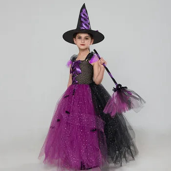 Костюм летучей мыши-ведьмы для девочки на Хэллоуин, костюмы для косплея, платье-пачка из сетки с блестками, детский костюм принцессы для вечеринки по случаю Дня рождения, подарки