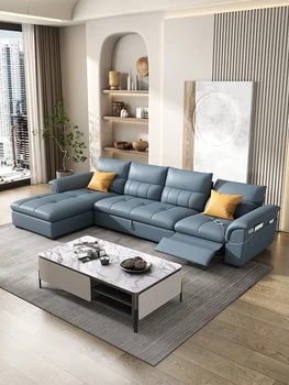 Электрический многофункциональный кожаный диван-кровать двойного назначения, простая современная гостиная для трех или четырех человек.