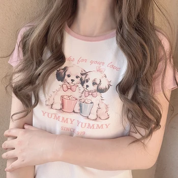 Милая футболка для милых девочек, лето 2023, тонкие топы с принтом двух щенков, футболка, женская короткая футболка, одежда в стиле каваи
