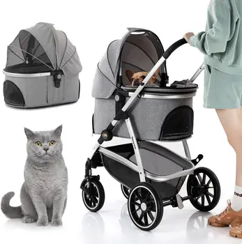Многофункциональная система перемещения домашних животных 3 в 1, 4 колеса, складная коляска на раме из алюминиевого сплава для маленьких средних собак и кошек (серая)