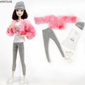Розовый зимний модный комплект кукольной одежды для куклы Барби, меховое пальто, жилет, фиолетовые брюки, шляпа, обувь, аксессуары для кукол 1/6, детская игрушка