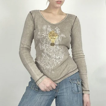 Женская повседневная футболка с длинным рукавом, пуловер с цветочным принтом и V-образным вырезом, осенние топы, уличная одежда, эстетичная одежда