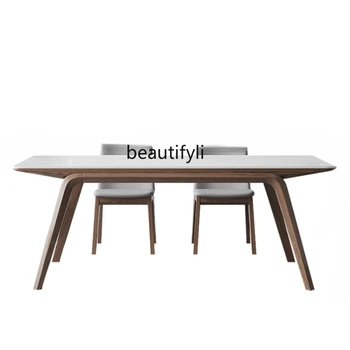 Обеденный стол с каменной плитой из цельного дерева, ножки из цельного дерева из белого воска, прямоугольный обеденный стол и стул с ярко-белой каменной плитой