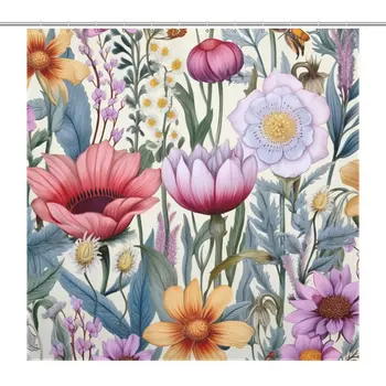 Wildflower Serenity Premium Водонепроницаемая Занавеска для душа с цветочным рисунком листьев в ванной 183x183 см, 12 шт. Крючков, Прочная ткань