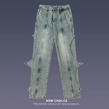 Уличная одежда, винтажные мужские джинсы, однотонные лоскутные свободные прямые джинсы, повседневные джинсовые брюки с пуговицами в стиле хип-хоп, хай-стрит